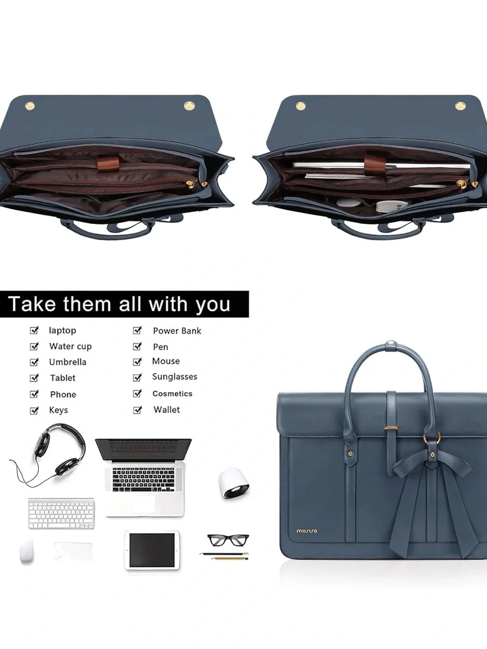 Elegant Blue Bow-Accent Laptop Tote Bag